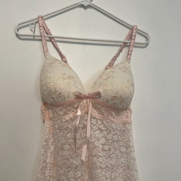 NEW NWT LILAC + LONDON Stretch Lace Chemise Thong Panty Lingerie Set White Pink - Picture 5 of 16